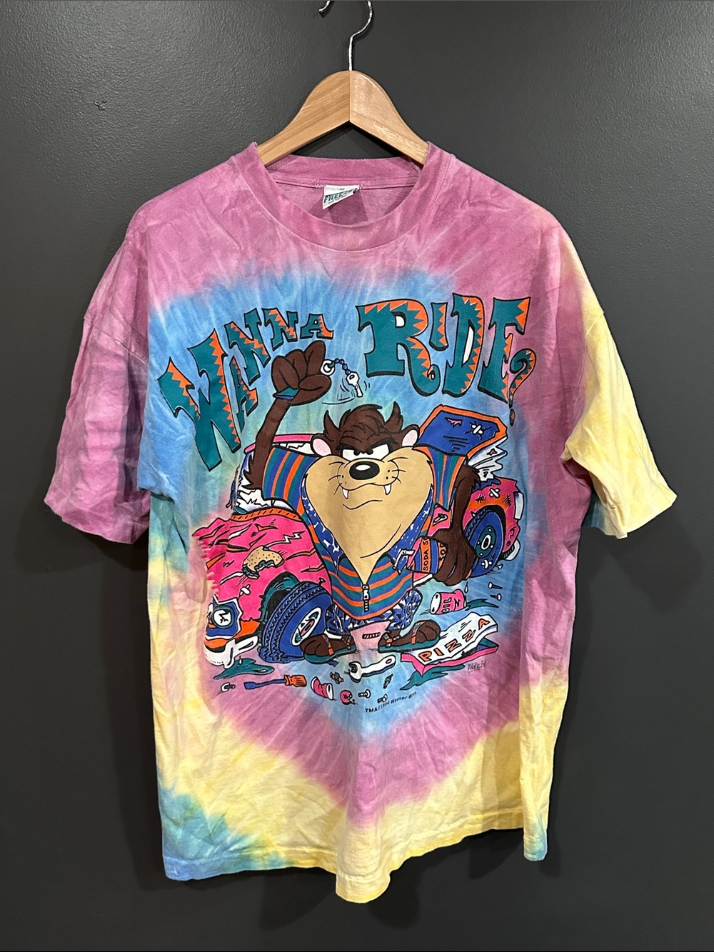 Freeze Tie-Dye Taz "Wanna Ride" Graphic Tee - Pink, Blue, Yellow
